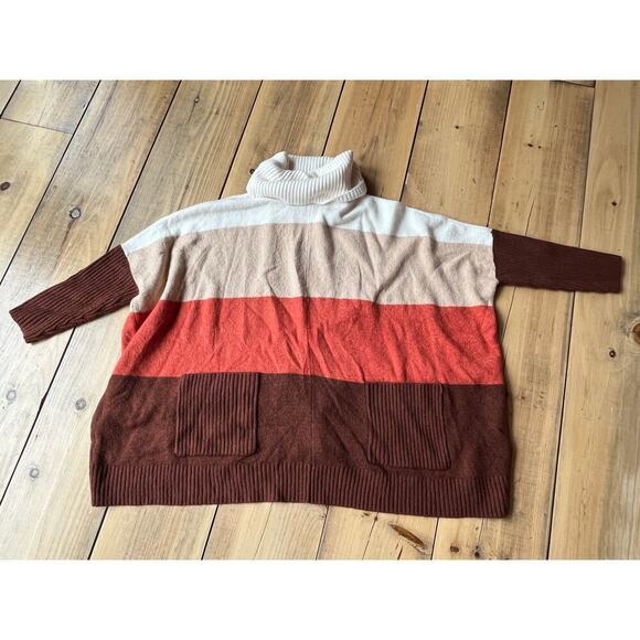 LOFT women's Turtle Neck Color block sweater. Pockets.Sz. Small.Brown/Tan/Orange - Picture 1 of 8